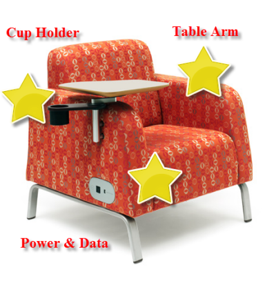 Soft Seating with Built-In Table Arn, Power Access, and Cup Holder