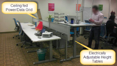 Adjustable Height Desk - Installed with ceiling fed Power/Data Grid